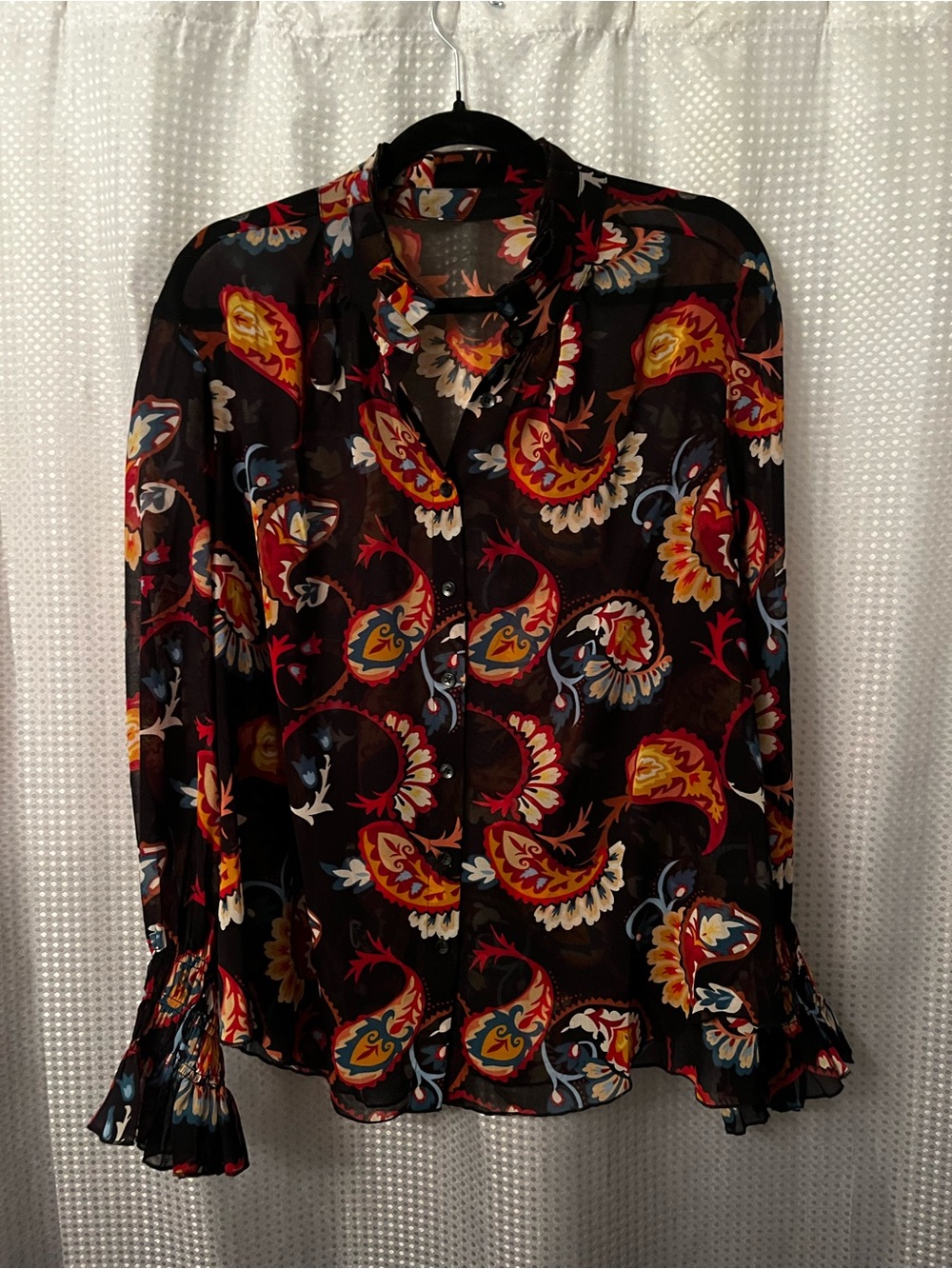 Chico's Black Sheer Paisley-Print Button Front Blouse with Red & Yellow Accents